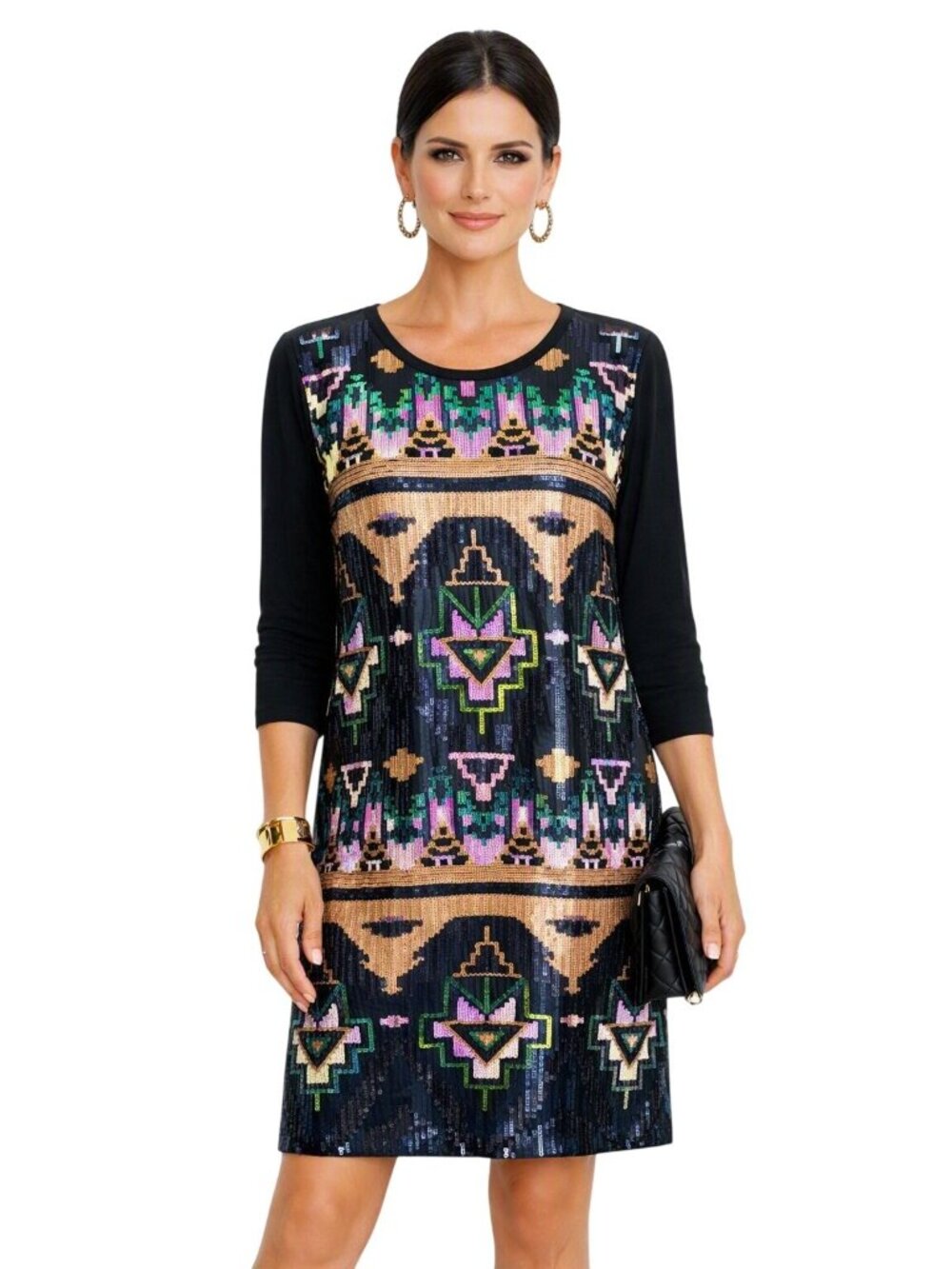 Mon Ami Blk Multicolor Sequin Geo Tunic Jersey Dress L/S M Evening Wear Cocktail